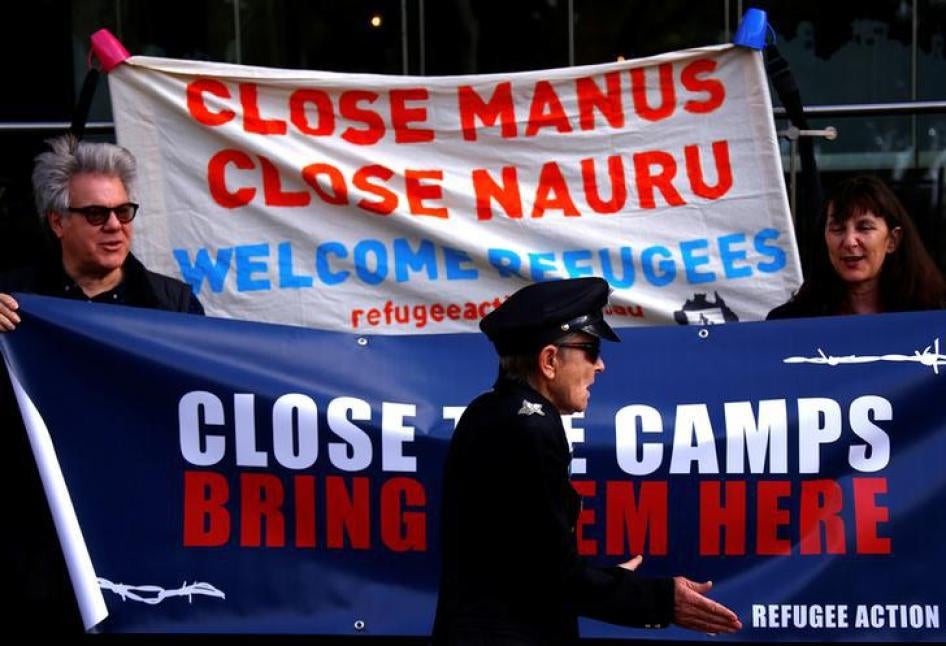 Demonstrators protest against the detention of asylum seekers at Australian-run offshore detention centers on the island of Nauru and Papua New Guinea’s Manus Island, in Sydney, Australia, August 31, 2017.