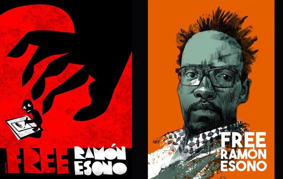 Deux dessins réalisés dans le cadre de la campagne #FreeNseRamon, visant à faire libérer le dessinateur équato-guinéen Ramón Esono Ebalé, suite à son arrestation en septembre 2017.