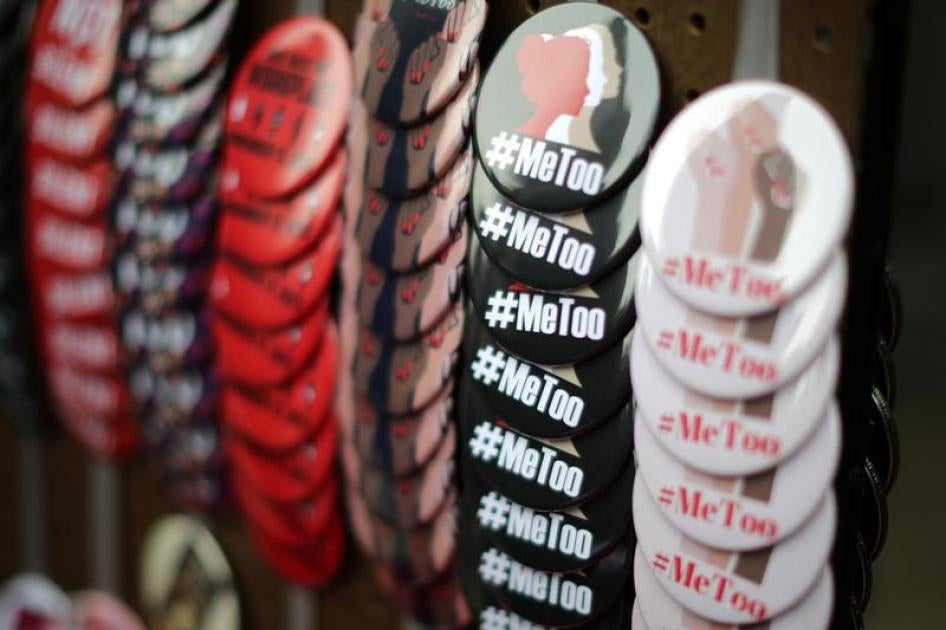 A vendor sells #MeToo badges a protest march for survivors of sexual assault and their supporters in Hollywood, Los Angeles, California U.S. November 12, 2017.