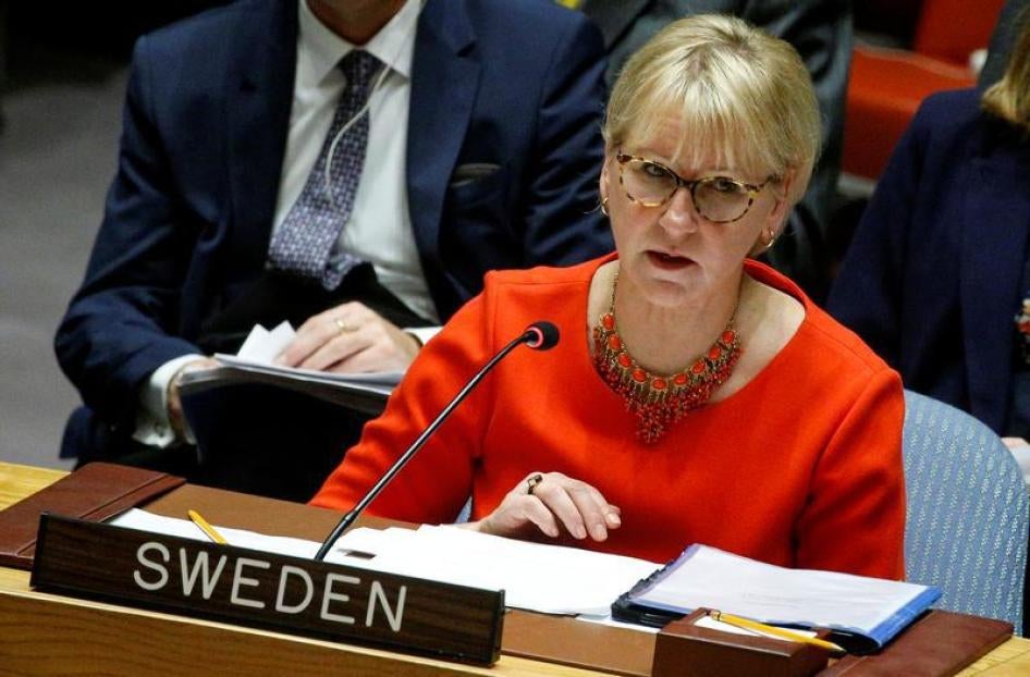 瑞典外交部长瓦尔斯特伦在联合国安全理事会就朝鲜核武计划问题发言，美国纽约州纽约市，联合国总部，2017年12月15日。