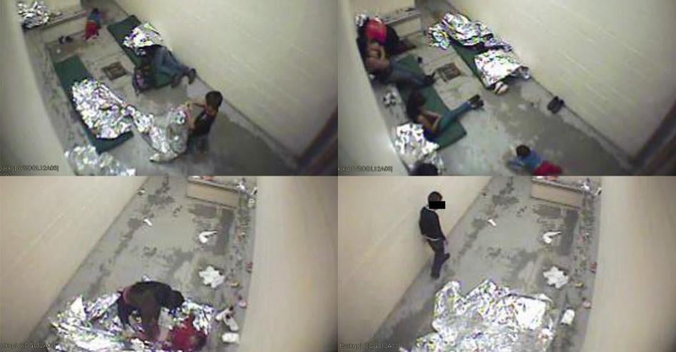 移民收容所视频监控画面中的妇女和儿童，亚利桑纳州道格拉斯市，2015年9月。此一画面因移民集体控诉收容所拘押条件而于2016年公布。