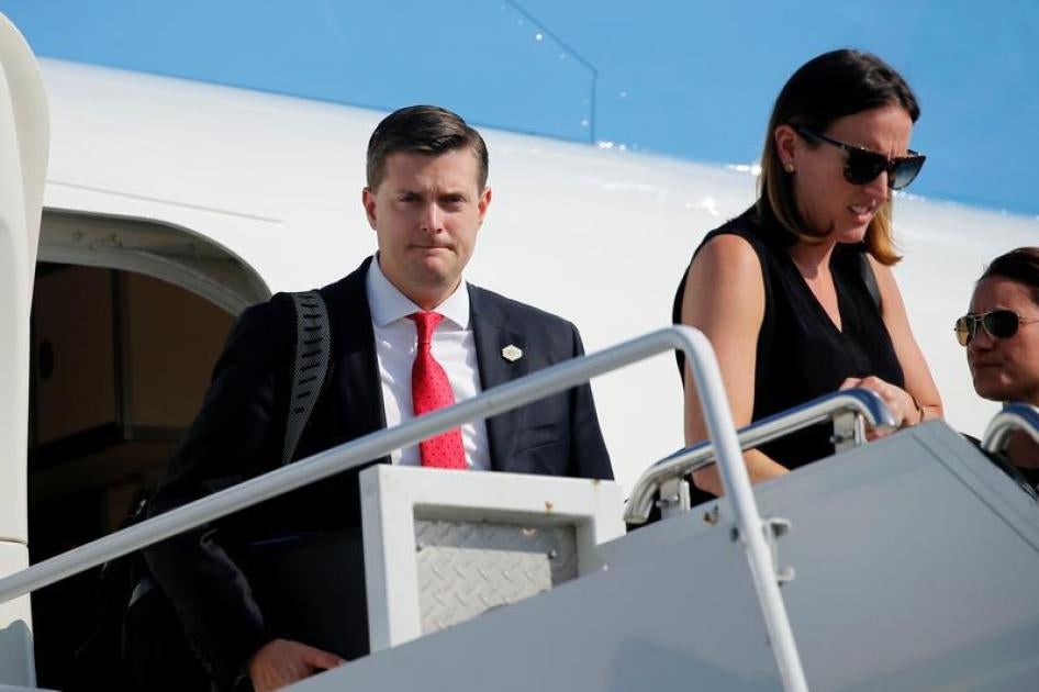 White House Staff Secretary Rob Porter (L) arrives aboard Air Force One with fellow senior staff and U.S. President Donald Trump for a summer vacation at his Bedminster estate, at Morristown Airport in Morristown, New Jersey, U.S. August 4, 2017.