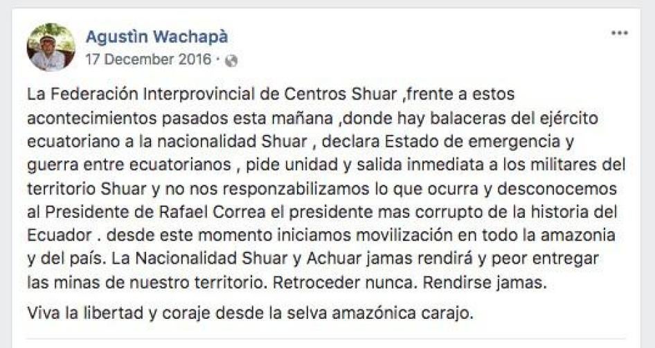 Agustín Wachapá’s original Facebook post from December 17, 2016.