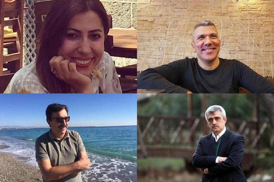 Quatre personnalités turques poursuivies en raison de messages diffusés sur les réseaux sociaux. En haut (de g. à d.) : Nurcan Baysal, journaliste et militante des droits humains ; Ali Erol, militant des droits LGBT. En bas(de g. à d.) : Kutay Meriç, memb