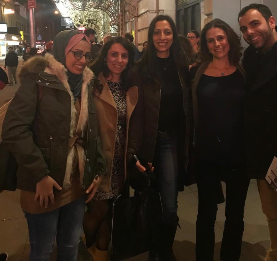 Human Rights Watch Israel and Palestine team together for the first time in person in New York. From left, Abier Almasry, Anan AbuShanab, Khulood Badawi, Sari Bashi, and Omar Shakir.