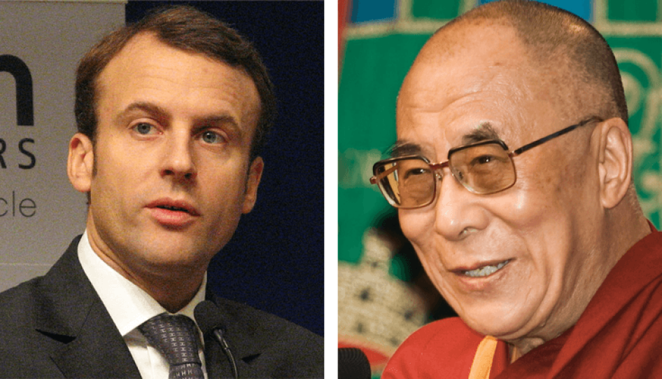 Composite showing French President Emmanuel Macron (L) and the Dalai Lama (R).