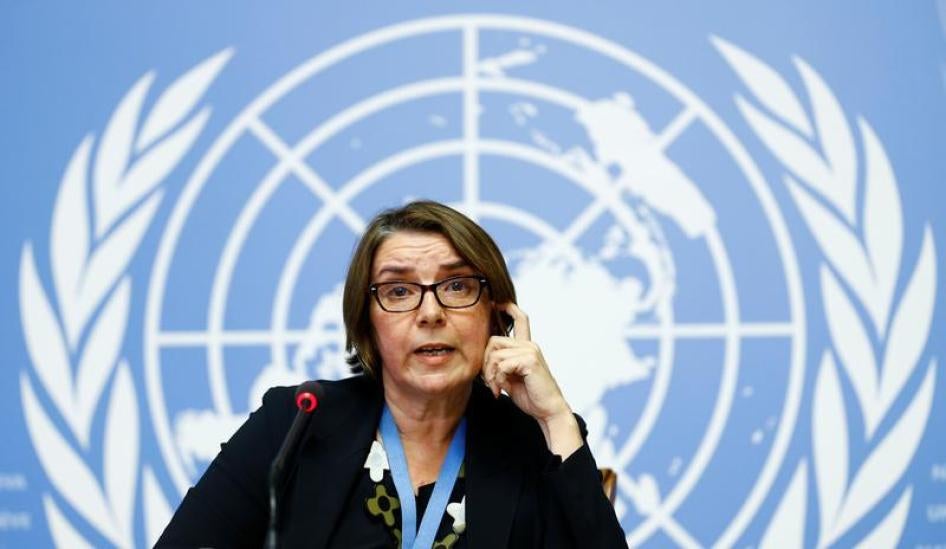 Catherine Marchi-Uhel, cheffe du Mécanisme international, impartial et indépendant (IIIM) chargé d’examiner les graves crimes commis en Syrie, lors d’une conférence de presse au bureau des Nations Unies à Genève, le 5 septembre 2017.