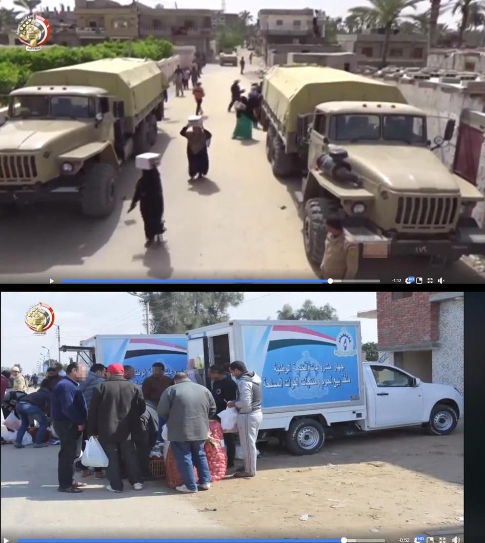   صور ثابتة من شريط فيديو نشر على صفحة المتحدث الرسمي باسم الجيش المصري على "فيسبوك" في 8 أبريل/نيسان، وتظهر على ما يبدو الجيش يبيع و يوزع المواد الغذائية لسكان شمال سيناء.