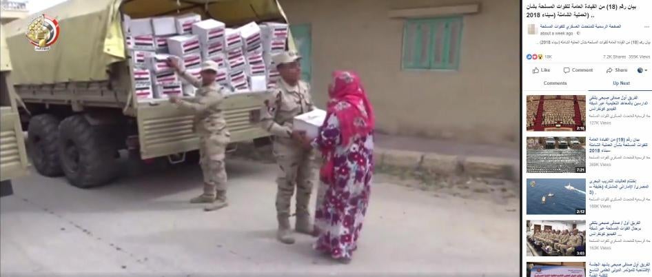 Still image from a video posted on the Egyptian Army Official Spokesman Facebook Page on April 8, apparently showing army distributing boxes of free food to some residents in North Sinai. Witnesses said free food distributed was very limited and did not m