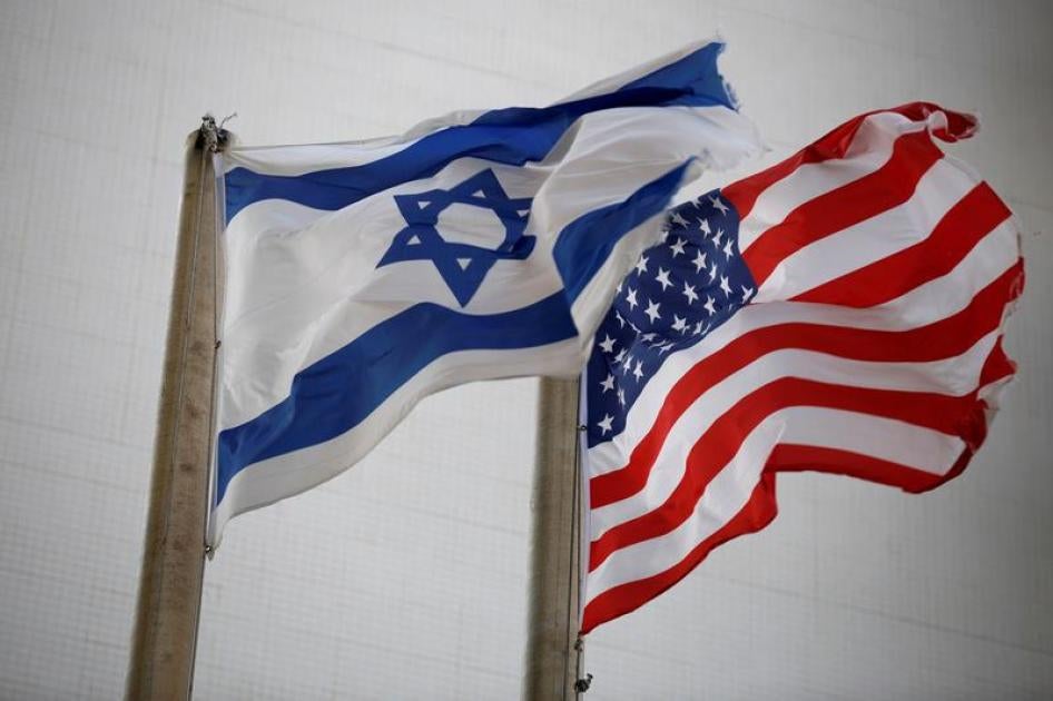 The American and Israeli flags outside the U.S Embassy in Tel Aviv December 5, 2017.