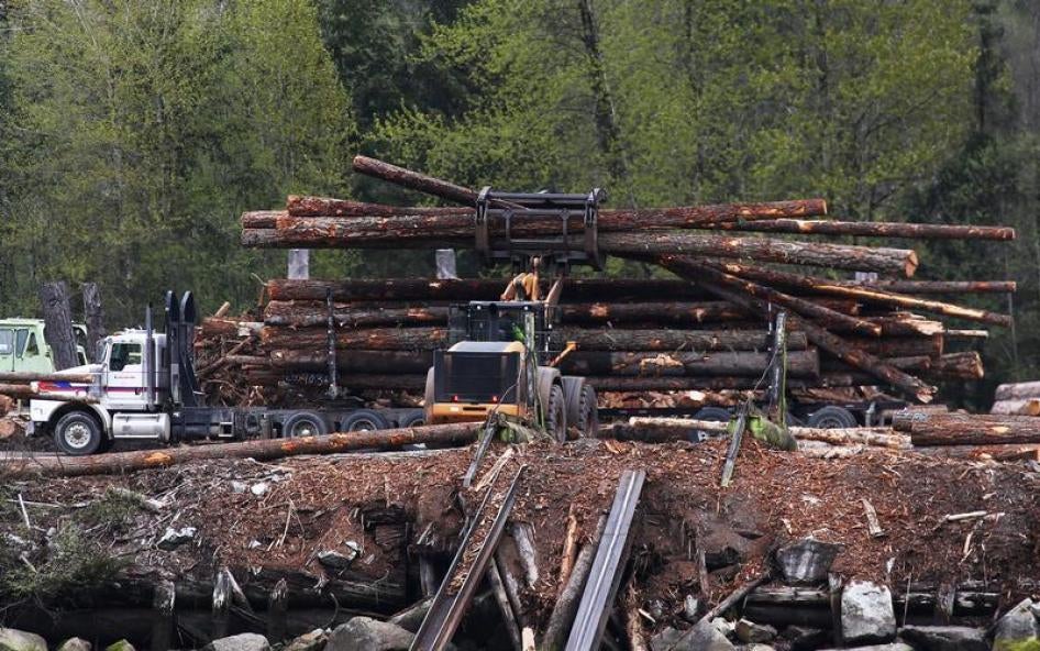 A workers unloads a truckload of logs in Howe Sound near Squamish, British Columbia, Canada April 25, 2017.