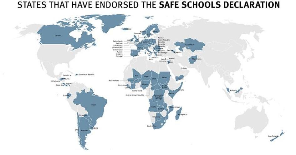 A map depicting the 75 countries around the world that have endorsed the Safe Schools Declaration. 