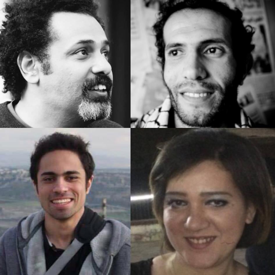 هيثم محمدين (أعلى اليمين)، وائل عباس (أعلى اليسار)، أمل فتحي (أسفل اليمين)، وشادي أبو زيد (أسفل اليسار)، اعتُقلوا جميعا هذا الشهر بتهم مثل الانضمام إلى "جماعة محظورة" أو "جماعة "إرهابية" ونشر "أخبار كاذبة". © 2018 خاص؛ صورة هيثم محمدين تقدمة حسام الحملاوي