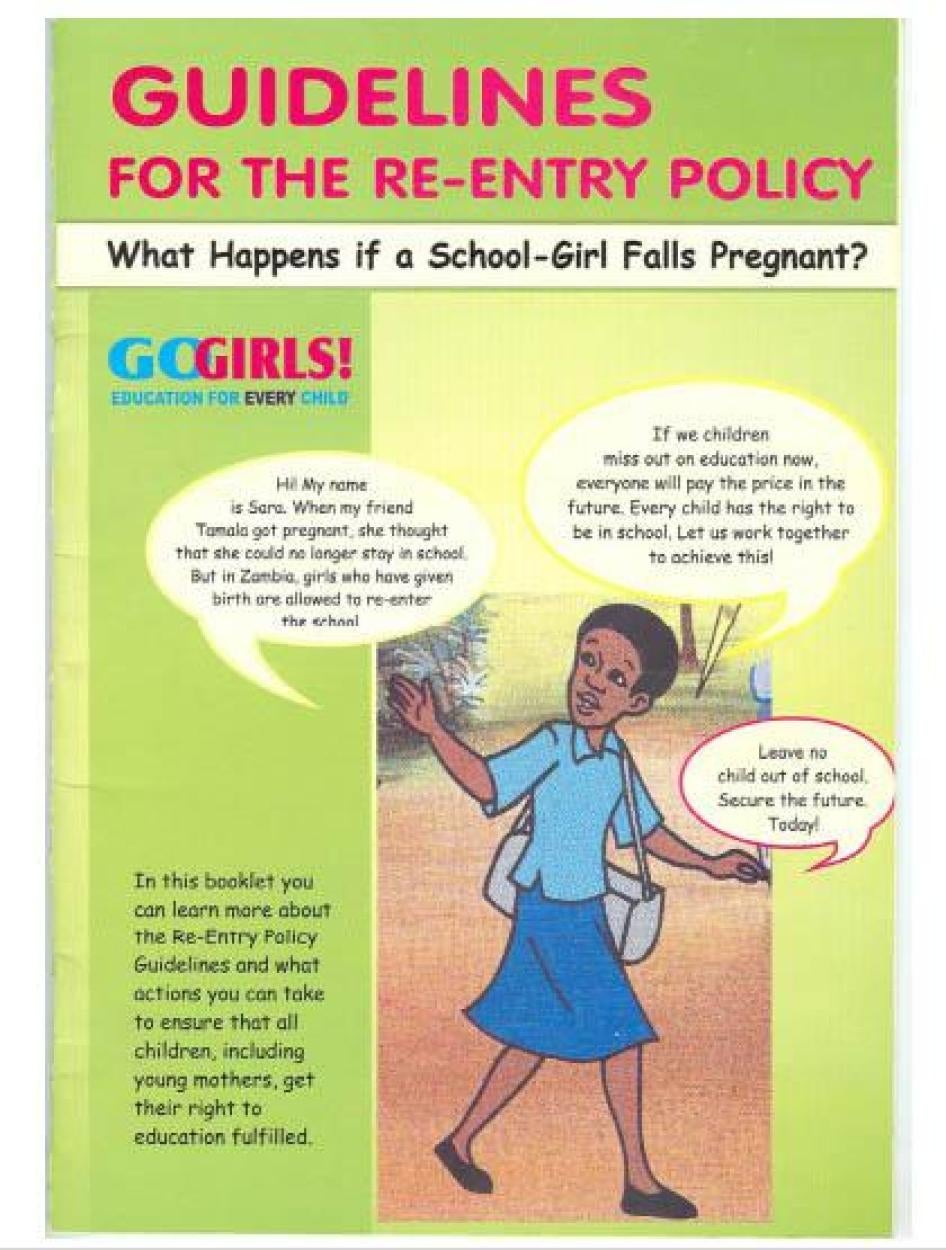 Couverture d’un document intitulé « Directives pour la politique de réadmission [à l’école] », publié en Zambie au sujet de directives adoptées en 2007. 