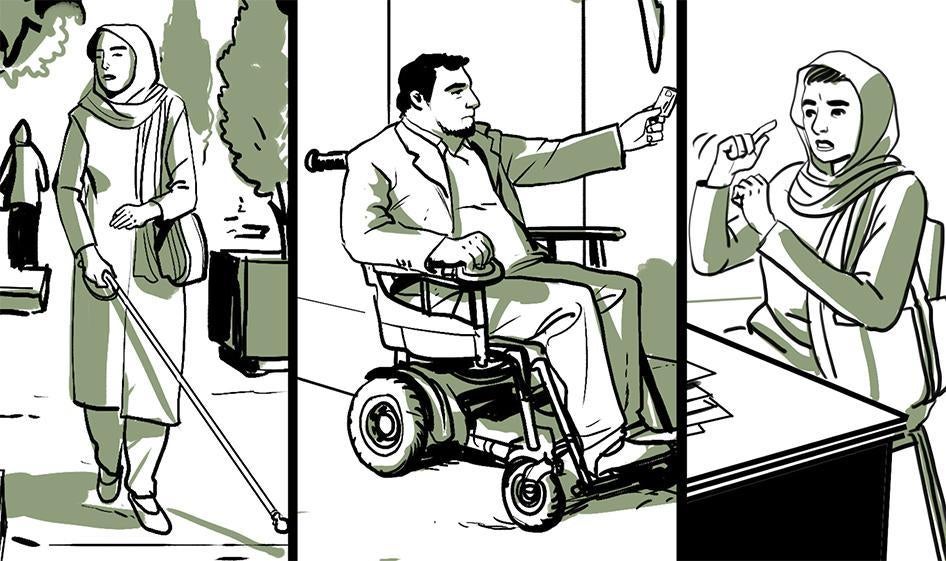 Illustration shows people with disabilities in Iran.