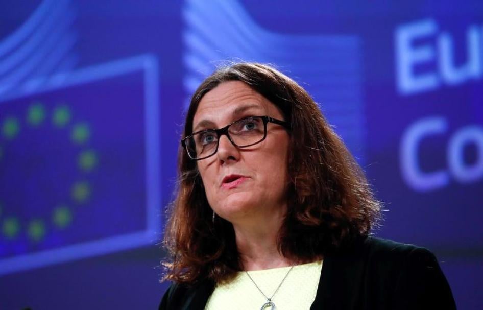 Ủy viên Thương mại châu Âu Cecilia Malmstroem tổ chức họp báo ở Brussels, Belgium, ngày mồng 1 tháng Sáu năm 2018.