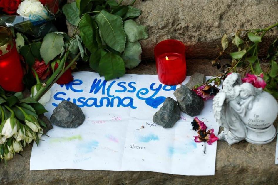 Messages of mourning, candles and flowers are placed by people for Susanna F., the teenager who was found dead two days ago, in Wiesbaden-Erbenheim, Germany, June 8, 2018.
