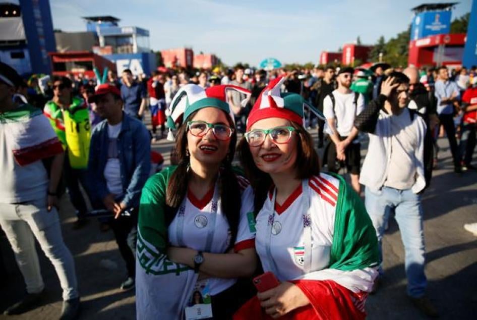 Supporters of Iran watch the Morocco vs Iran match in a fan zone in Moscow, Russa, on June 15, 2018.