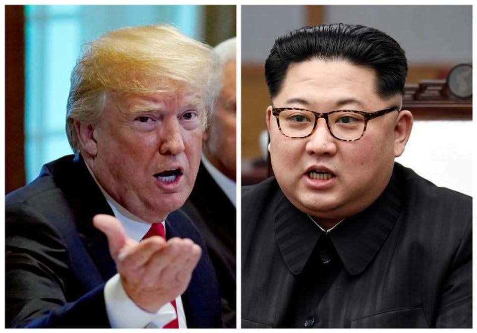 美国总统特朗普（左）、朝鲜领导人金正恩分别摄于美国华盛顿特区，2018年5月17日，和韩国板门店，2018年4月27日（组合图片）。