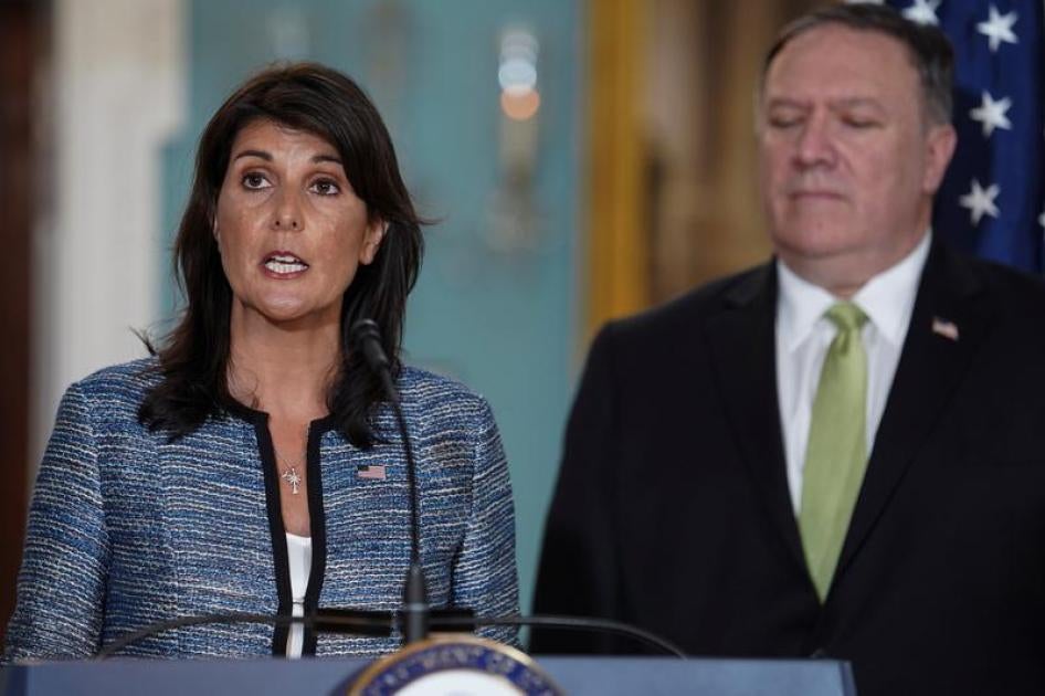 U.S. Ambassador to the United Nations Nikki Haley delivers remarks to the press together with U.S. Secretary of State Mike Pompeo, announcing the U.S.'s withdrawal from the U.N's Human Rights Council at the Department of State in Washington, U.S., June 19