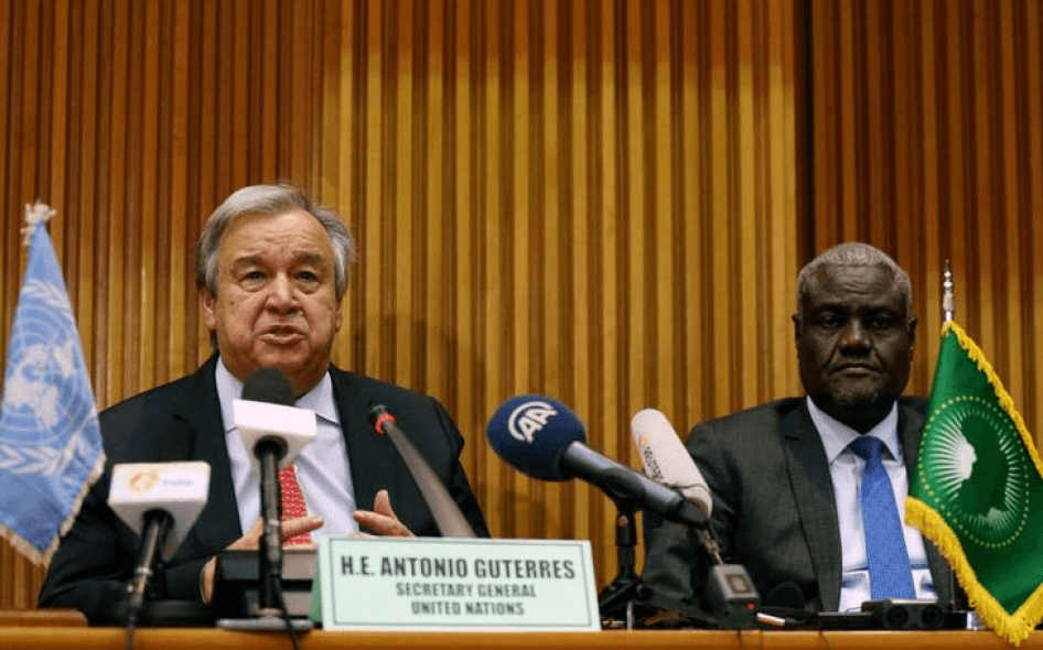 United Nations Secretary-General António Guterres (left) flanked by the African Union Commission Chairperson Moussa Faki addresses a news conference at the AU Commission headquarters in Addis Ababa, Ethiopia, July 9, 2018