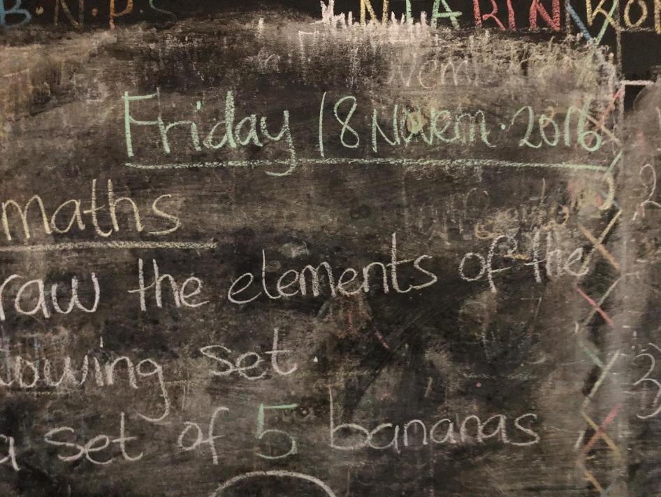 The date on a blackboard indicates the last time that this classroom in a school in the Anglophone region of Cameroon was last used to teach children