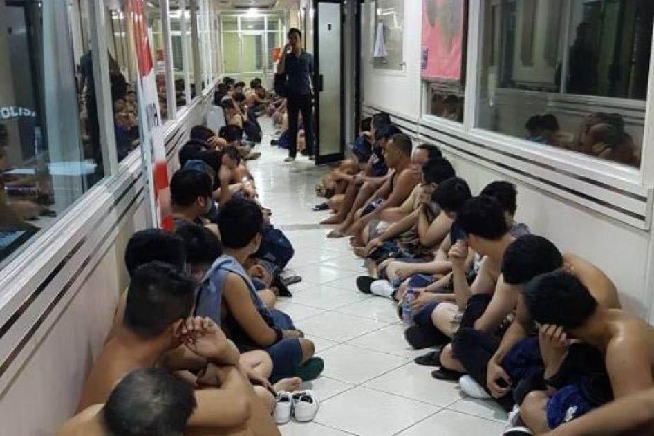 Men arrested at the Atlantis Gym in Jakarta on May 21, 2017. Photo appeared on social media, and is believed to have been taken by police officers on the scene. 