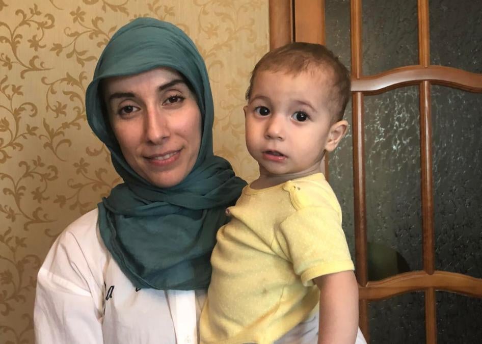 Zagidat Abakarova, 33, and her one-year-old daughter Mariam, returned to Dagestan, Russia, from northern Syria in October 2018