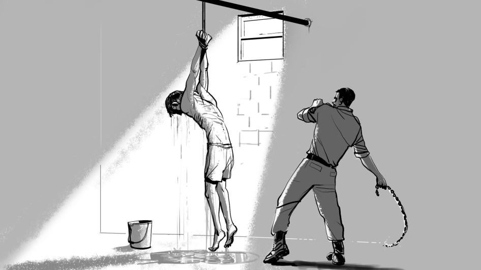 Illustration du fouettage d’un prisonnier du centre de détention de Faisaliya en Iraq, selon le témoignage d’un ex-détenu publié par Human Rights en août 2018.