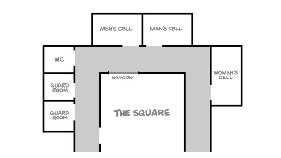 Diagram of the cells where Mahmoud said he was held in Faisaliya Prison from January until May, 2018