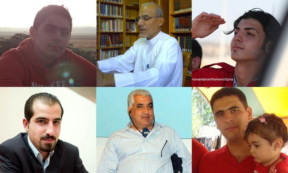 From top left: Mohamed Nour al-Shemali, Abdul Akram al-Sakka, Mohamad Meqdad, Bassel Khartabil, Khalil Maatouk, and Mohamed Atfah were among many political activists, journalists, humanitarian workers, and lawyers, disappeared by the Syrian government. 