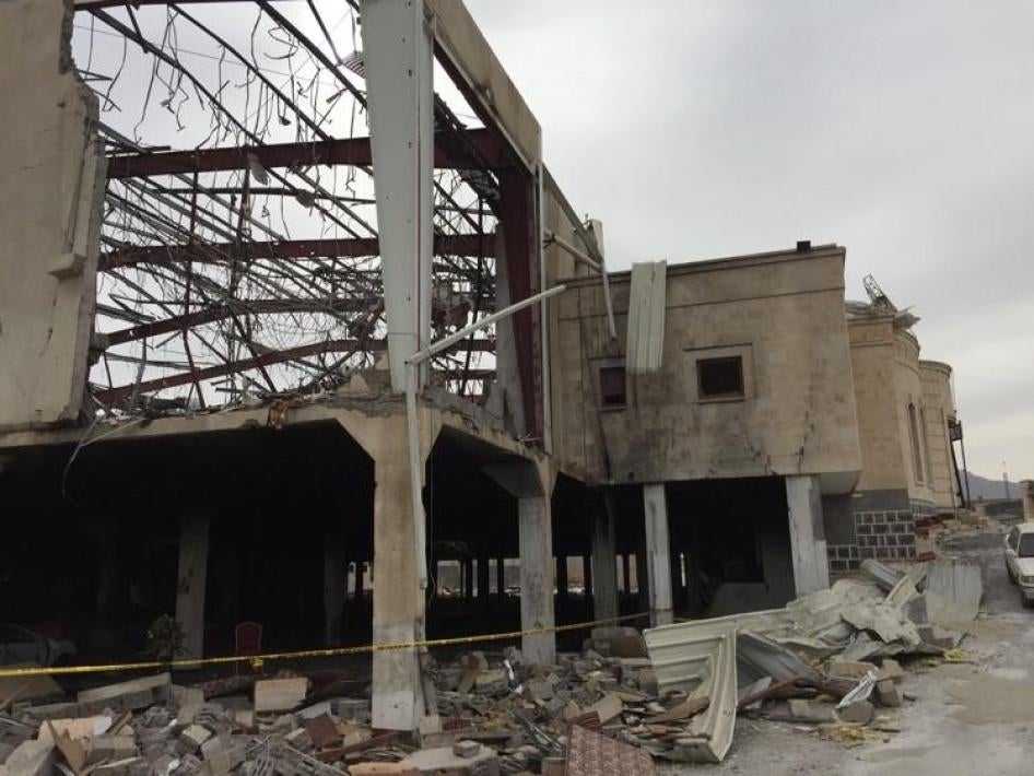 The remains of a community hall in Sanaa, the capital of Yemen, after Saudi-led coalition warplanes attacked a funeral ceremony there on October 8, 2016. 