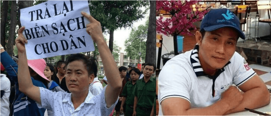 Nguyễn Văn Đức Độ (bên phải) đội chiếc mũ có biểu tượng nhân quyền, và Lưu Văn Vịnh (bên trái) tại một cuộc biểu tình ủng hộ môi trường.