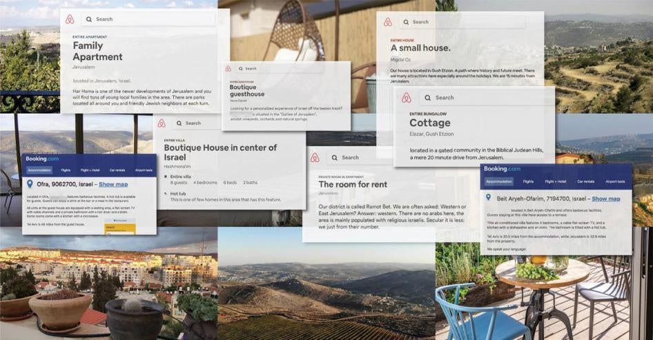 Annonces de locations d’appartements et de maisons situées dans des colonies israéliennes en Cisjordanie, publiées par Airbnb et Booking.com en 2018.