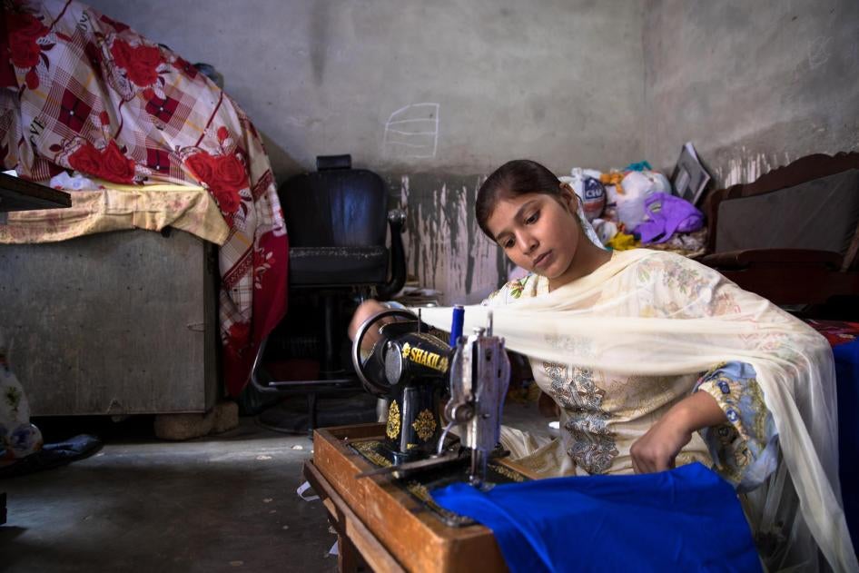 Bushra, a 10th grader, sews to help earn money for her school expenses. her mother is a seamstress. education costs often increase as children advance in grades, and while many poor families go to great lengths to access education for their children