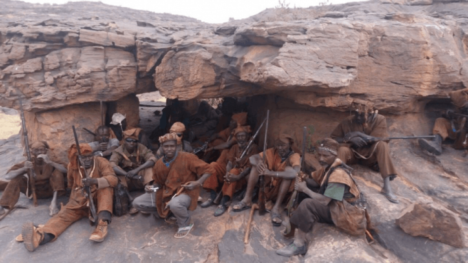 Members of the Dogon militia, Dan Na Ambassagou, which was founded to defend the Dogon community from attacks by Islamist armed groups. Dan Na Ambassagou has been implicated in numerous serious abuses against Peuhl civilians.