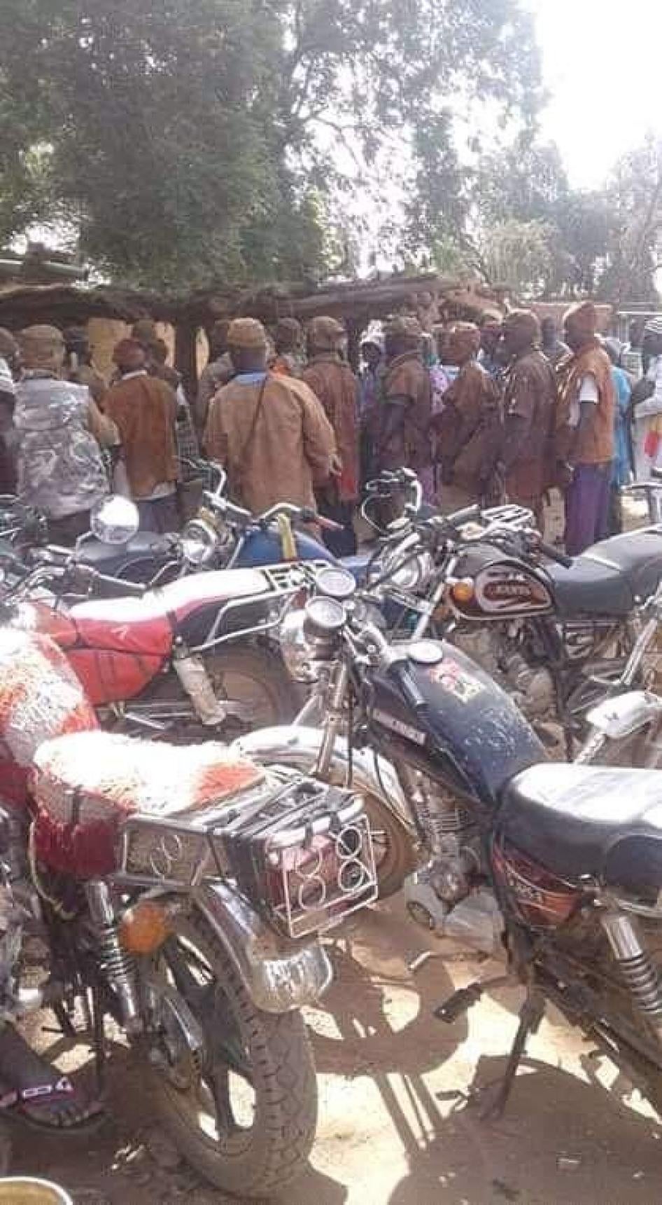 Dan Na Ambassagou militia gather for a meeting reportedly held in Koro cercle, Mopti region, central Mali, in November 2018. The Malian government imposed a ban on motorcycles in Mopti region for security reasons, although they have not always applied the