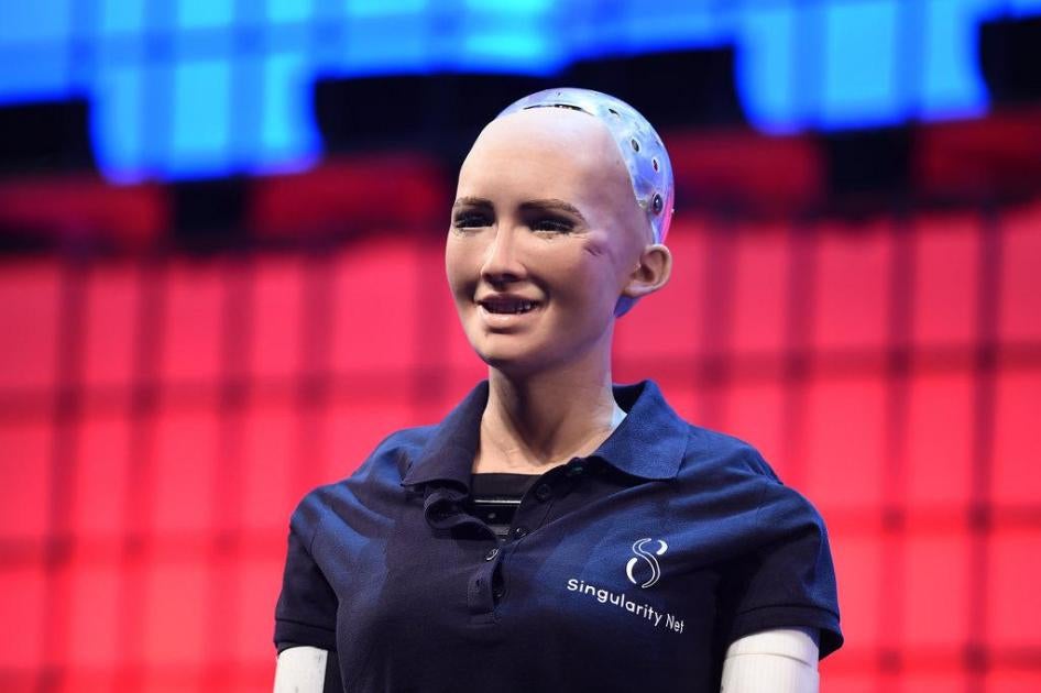 Sophia the Robot, Chief Humanoid, Hanson Robotics & SingularityNET, on the Centre Stage during the opening day of Web Summit 2017 at Altice Arena in Lisbon