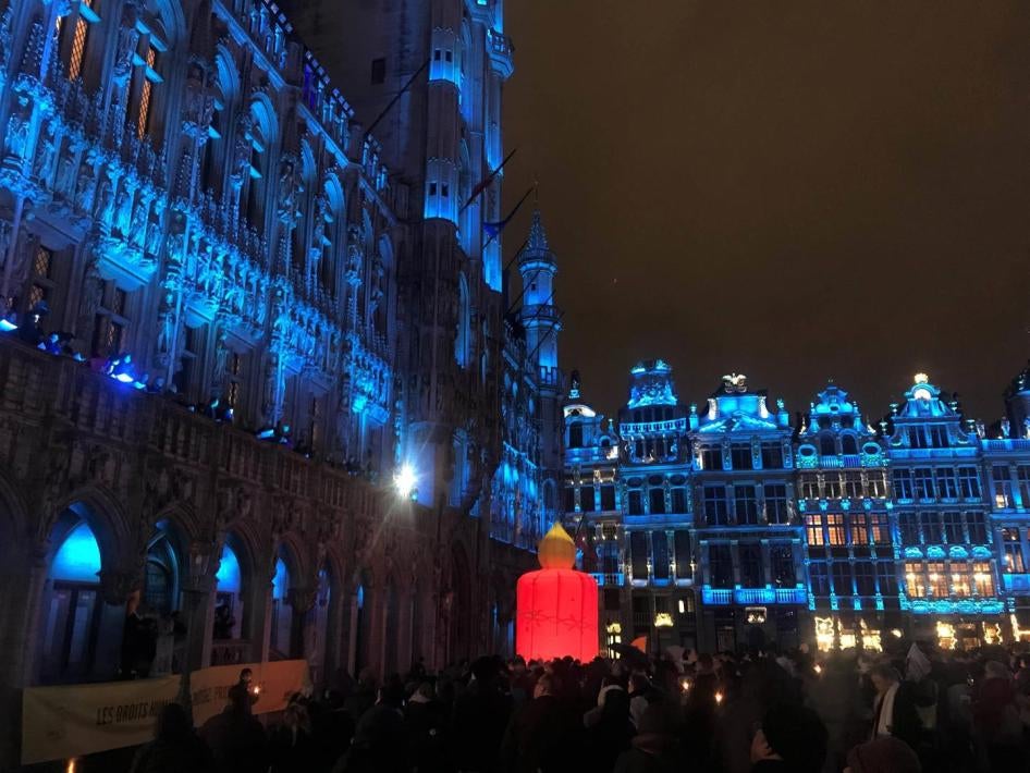 Grand Place in Brussels lit in blue for human rights 