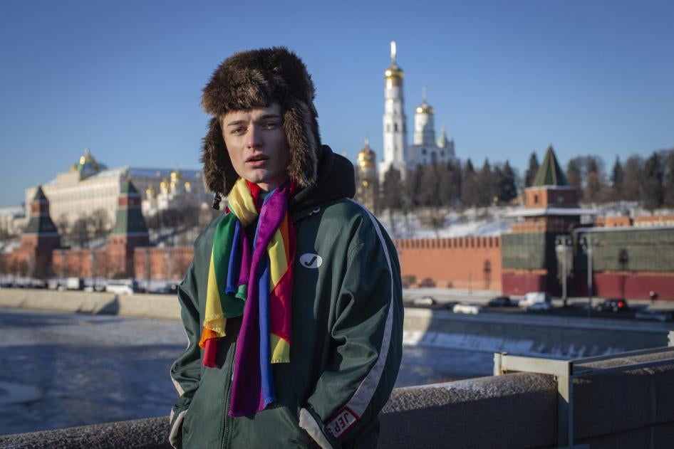 Russian blogger, Zhenya Svetski, wearing a rainbow scarf in Moscow, December 2018. 
