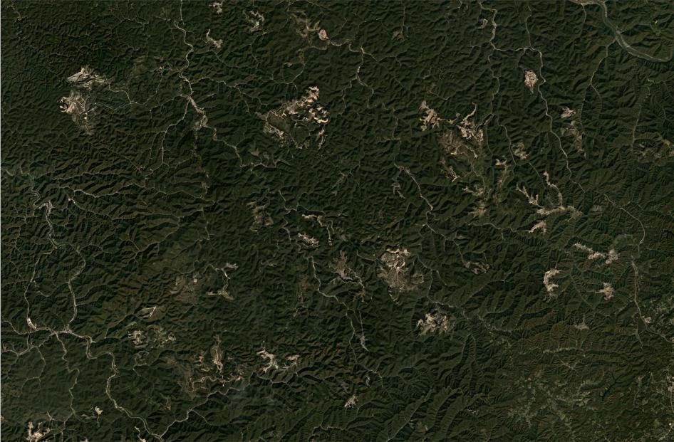 A satellite image of mountaintop removal mines in southern West Virginia.