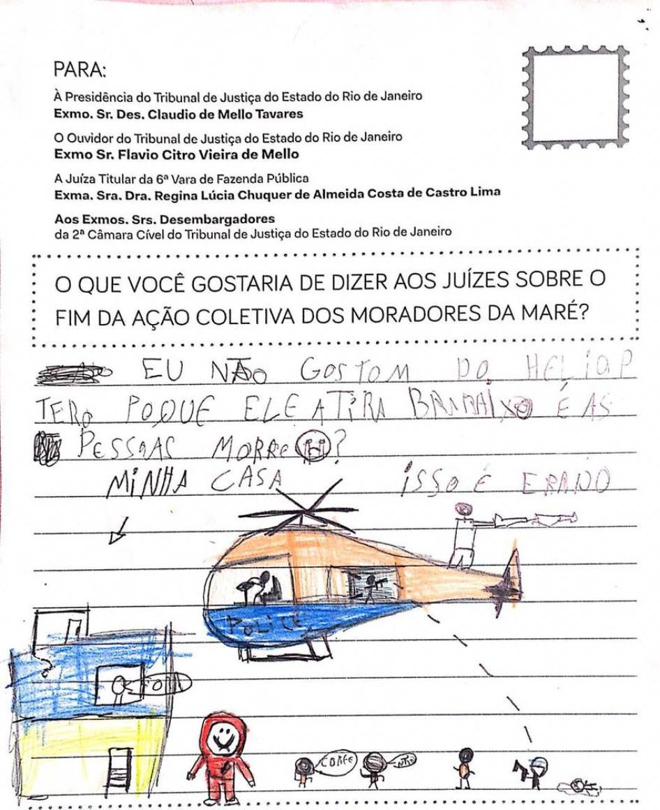 Carta enviada por criança da favela da Maré, no Rio, ao TJ, sobre operações policiais no local