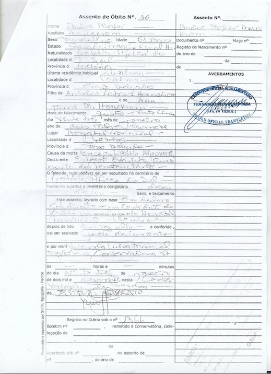 A copy of Andre Hanekom death certificate stating that the cause of his death was Encephalopathy Hypoxemia.@2019 Francis Hanekom  