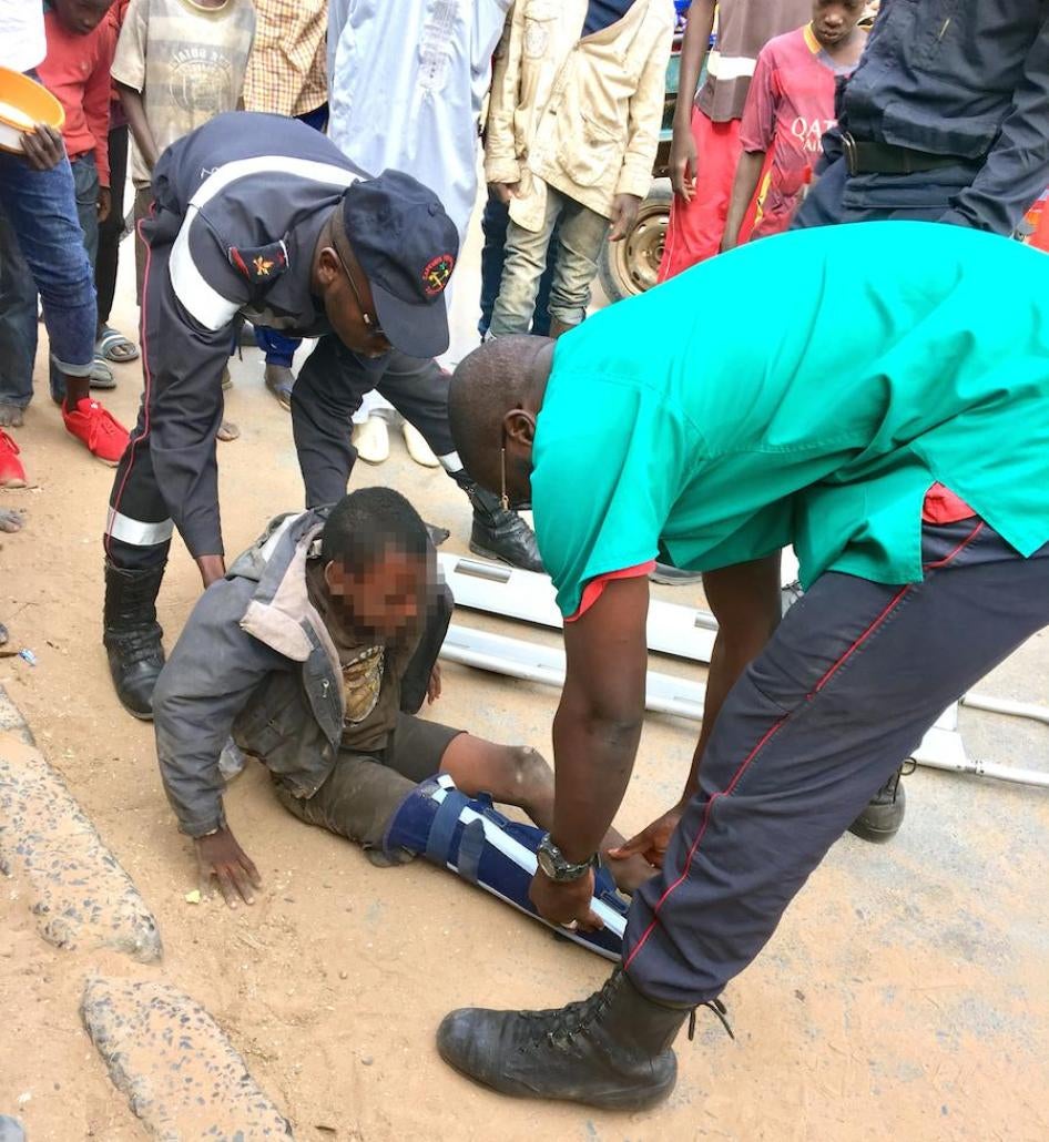 The scene of an accident in Louga, Senegal, January 13, 2019, in which a motorcycle hit a talibé child in the streets. Every morning, his Quranic teacher sent him and the other talibés out begging for 250 francs CFA (US $0.40).