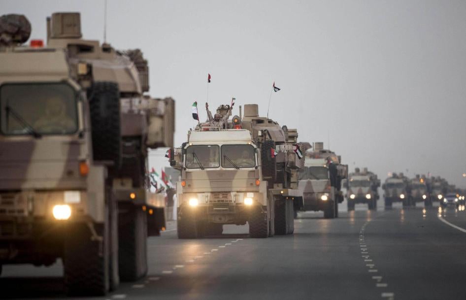 A convoy of UAE military vehicles and personnel travels from Al Hamra Military Base to Zayed Military City, marking the return of the first batch of UAE Armed Forces military personnel from Yemen, in Abu Dhabi, United Arab Emirates.