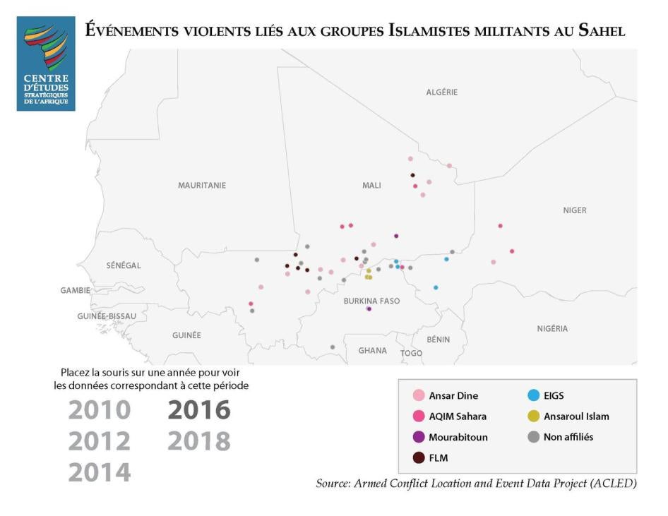 La violence au Sahel a considérablement augmenté entre 2016 et 2018, en raison de l'intensification des activités et de la présence de groupes islamistes armés. © 2019 Centre d’etudes stratégiques de l’Afrique. 