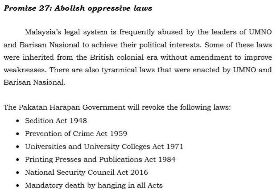 Section from Malaysia ruling party’s election manifesto, “Buku Harapan: Rebuilding Our Nation, Fulfilling Our Hopes,” promising to repeal abusive laws including the National Security Act of 2016.