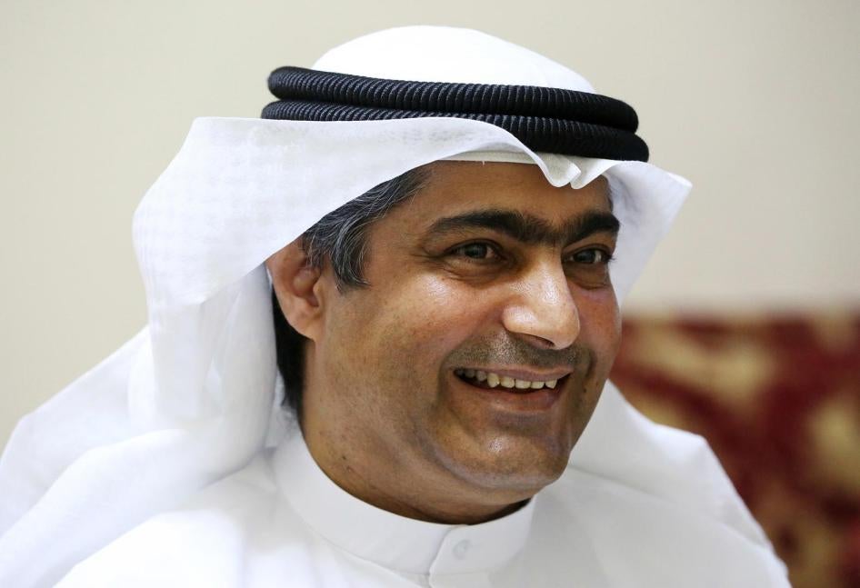Human rights activist Ahmed Mansoor smiles while speaking to Associated Press journalists in Ajman, United Arab Emirates, on Thursday, Aug. 25, 2016.