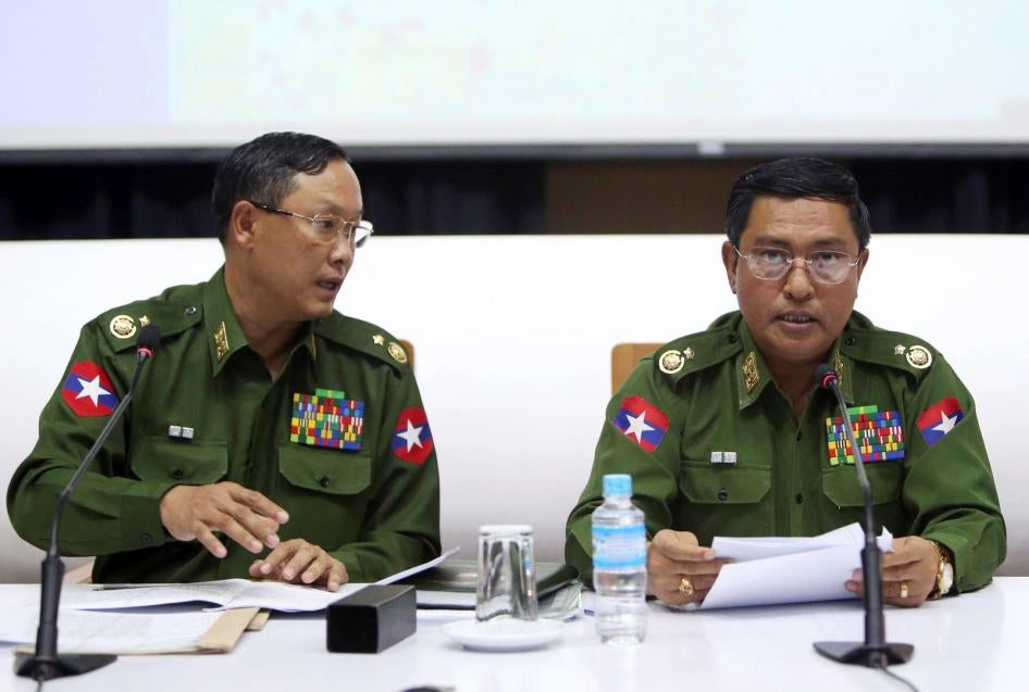 Maj. Gen. Nyi Nyi Tun and Maj. Gen. Soe Naing Oo of the Myanmar military’s information team announce the Arakan Army’s classification as a terrorist organization at a press conference in Naypyidaw, January 18, 2019.