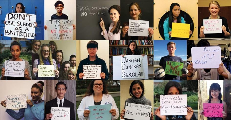 Des élèves et des enseignants de divers pays tiennent des pancartes rappelant que les écoles ne sont pas des champs de bataille.